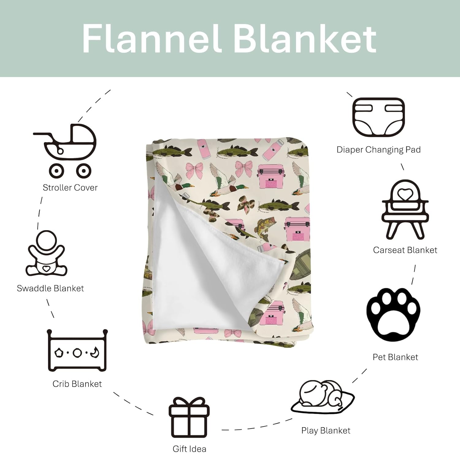 Pink Fishing Hunting Girly Baby Blankets for Girl Boats Bass Fish Duck Bows Soft Flannel Swaddle Blankets for Infant Toddler Crib Summer Lake Country Fishing Nursery Bed Blanket Playmat 40x50inch