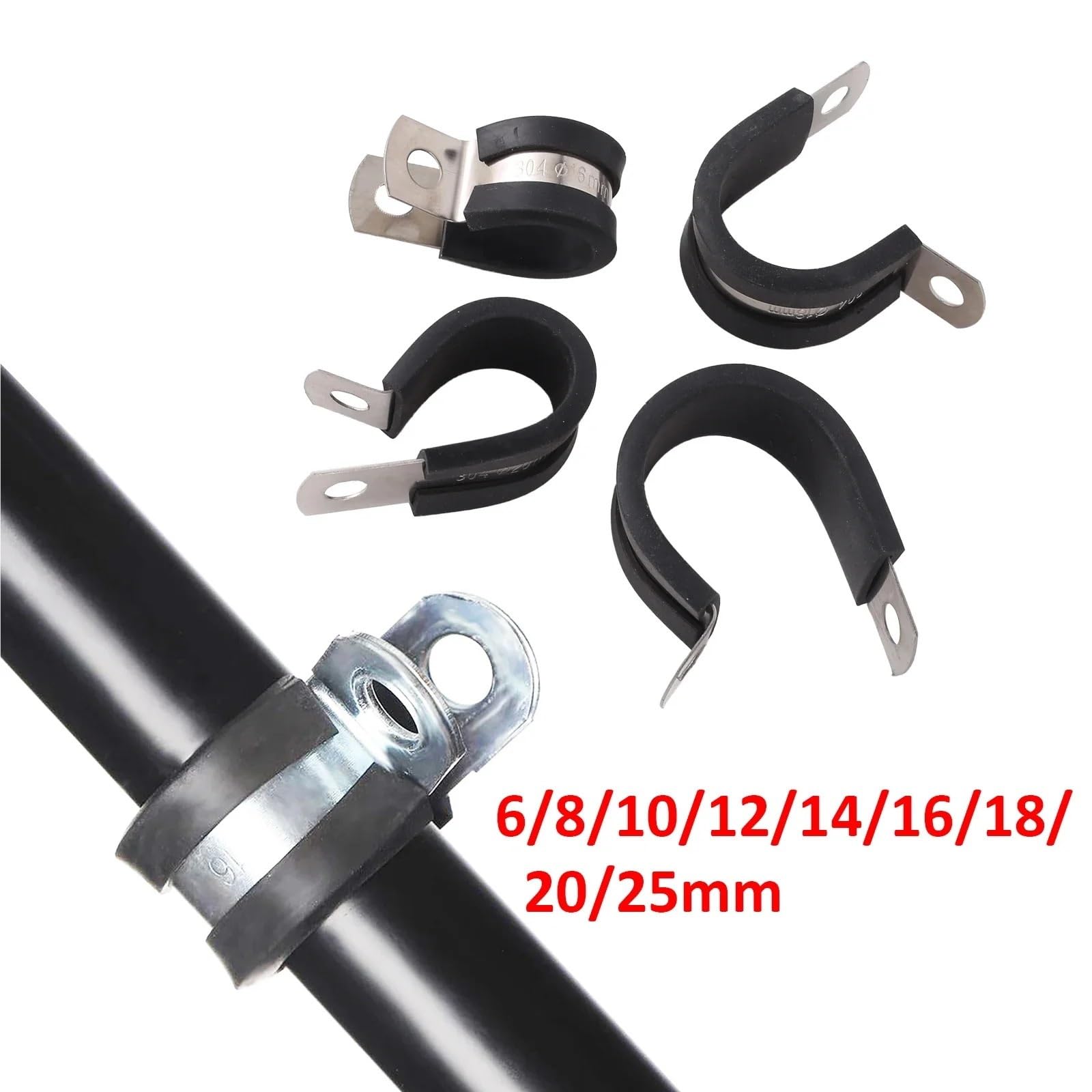 Lot de 20 colliers de serrage en P, 6 à 25 mm, avec revêtement en caoutchouc, for câbles, fixations, matériel électrique(10mm)