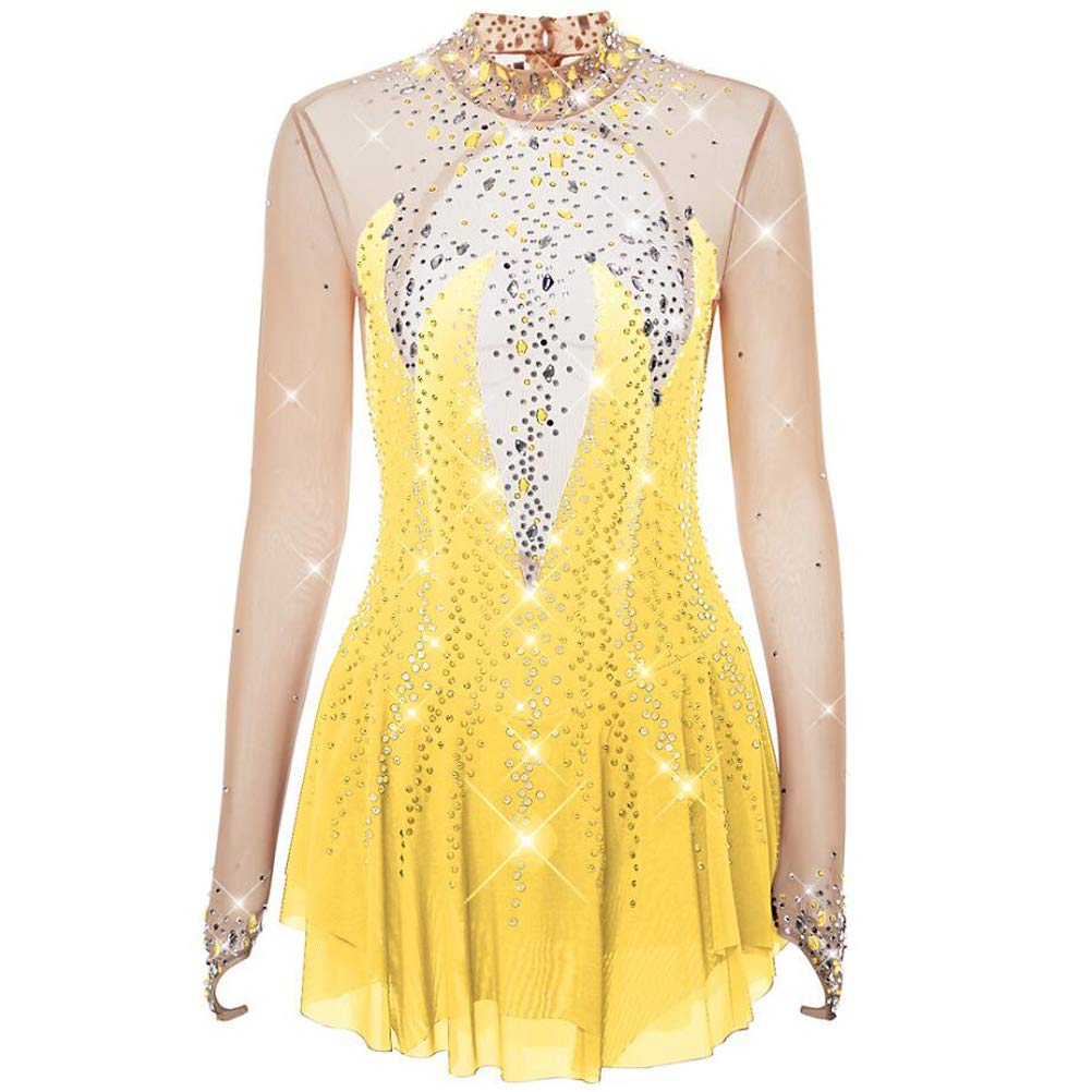 Vestido profesional de patinaje artístico para mujer, vestido de ballet elástico de manga larga con diamantes de imitación hecho a mano