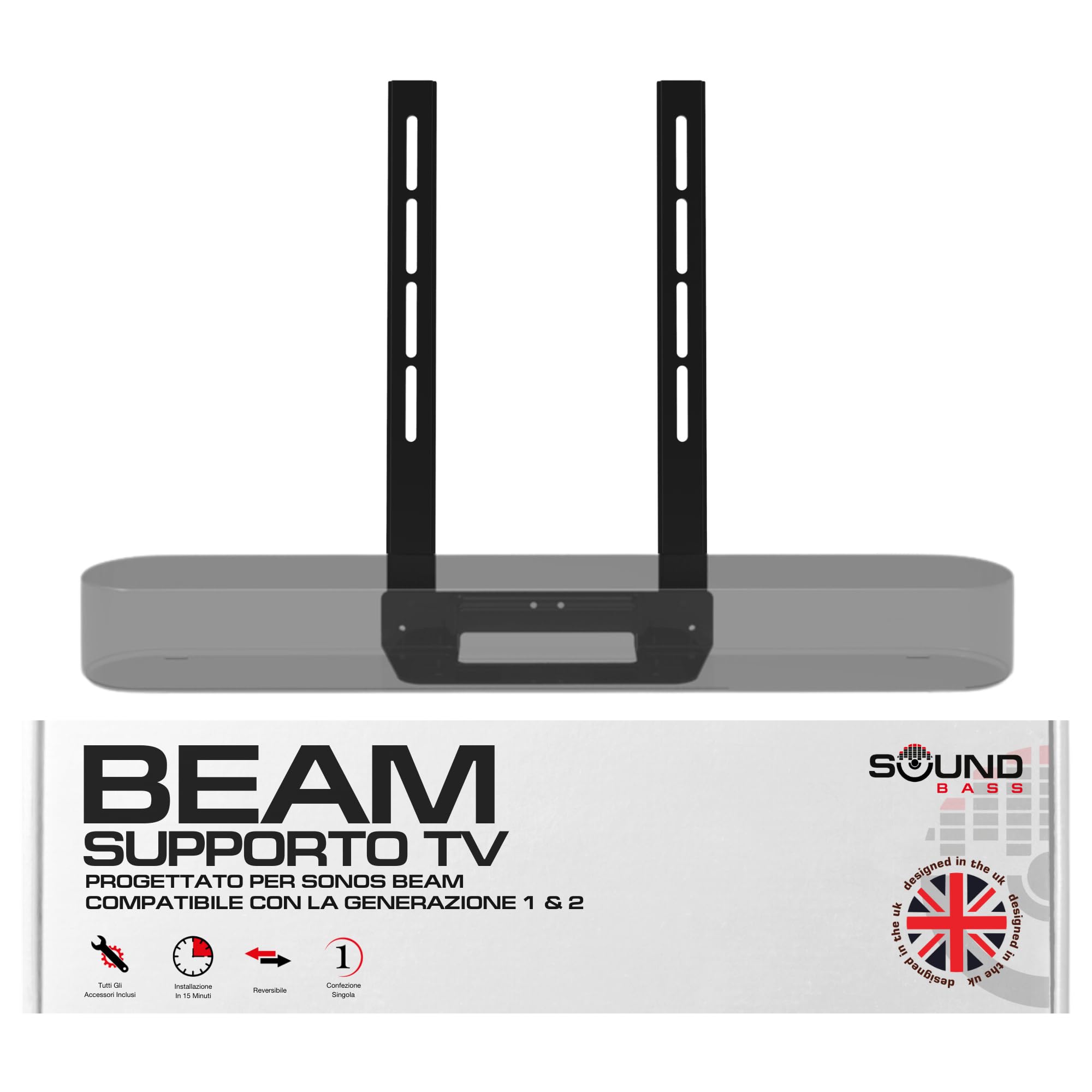 Sound bass Supporto TV per Soundbar Beam, Sotto il TV, Nero | Compatibile con Sonos Beam Soundbar Generazione 1 & 2, Staffa di Montaggio per Appendere al TV, Kit Hardware Completo Incluso