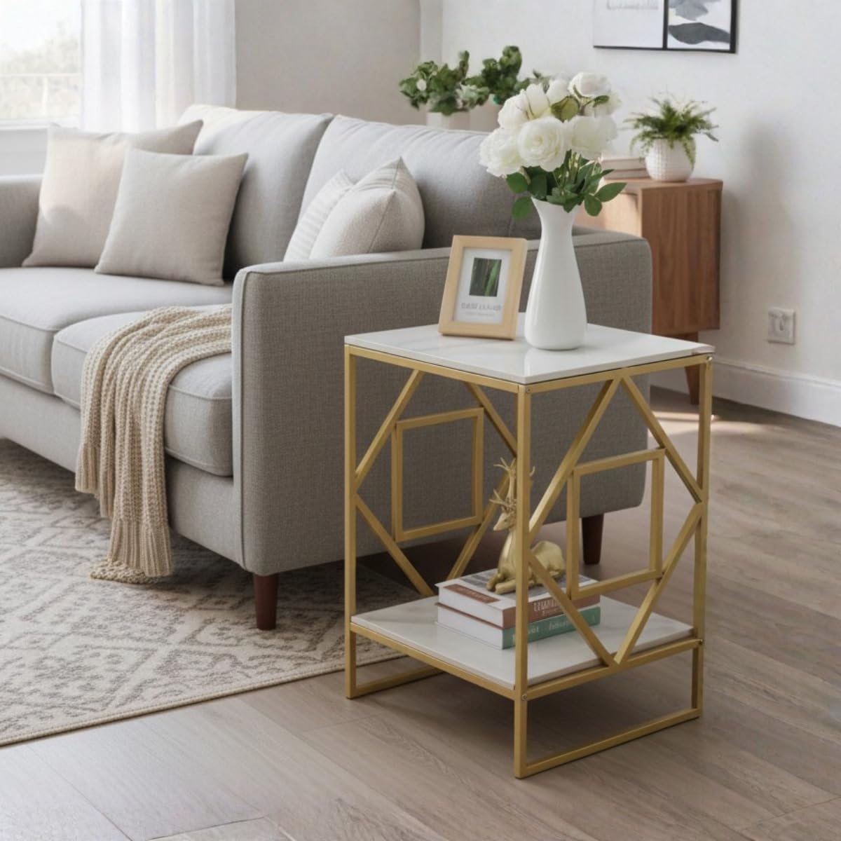 Wooden Twist Modern Geometric Side Table with White Prelaminated Top with Marble Finish Gold Metal Frame 2-Tier Storage Shelf Contemporary Accent End Table