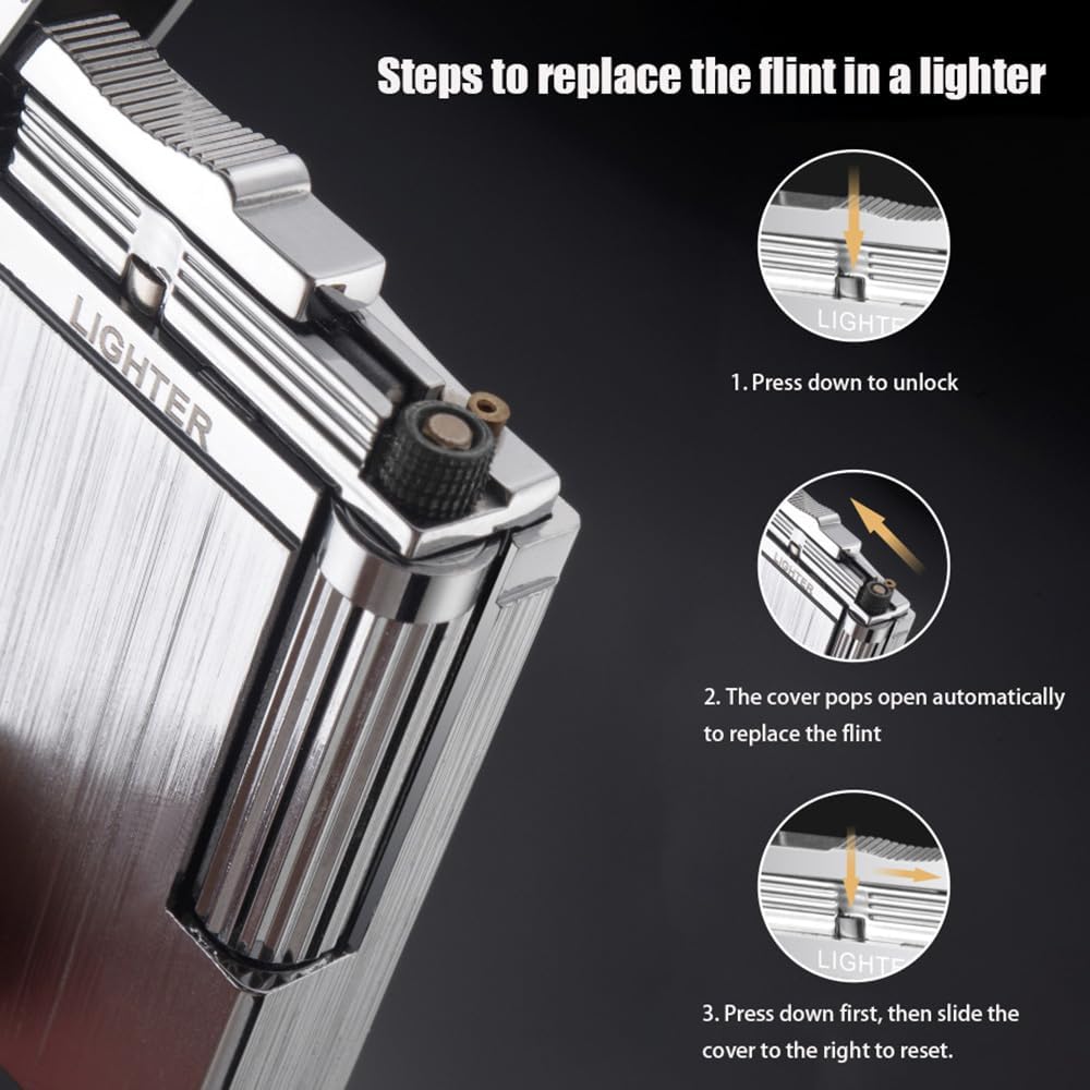 Classic Butane Lighter Exquisitely Carved Vintage Side Slide Ignition Lighter, Refillable for Men, Dad, Husband, Unique Collectible(Fuel Not Included) (Black C)