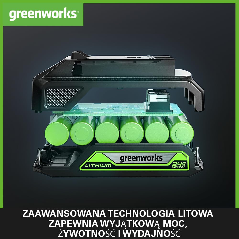 Greenworks Akumulator 24V 2Ah - Akumulator Litowo-Jonowy Greenworks 24V o Pojemności 2Ah, Lekki Design z 3-Stopniową Kontrolą Poziomu Naładowania LED, G24B2