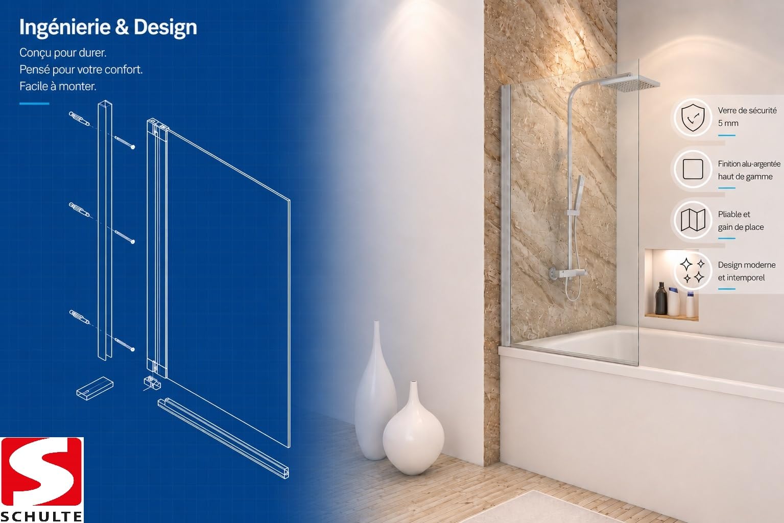 Schulte pare baignoire 70 x 120 cm, alu-argenté, réversible, verre 5 mm | paroi pivotante paroi pivotant rabattable à 180° verre trempé