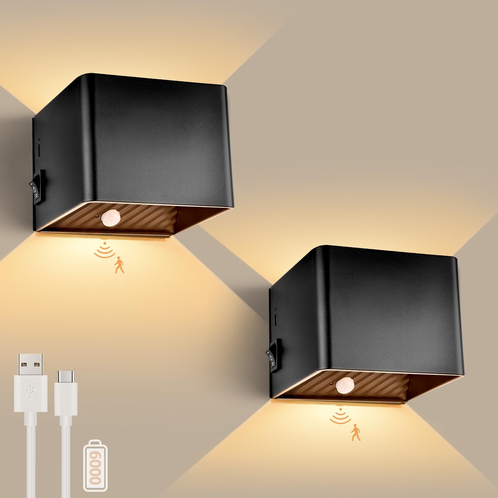 GeyouLux 2 lampade da parete a batteria da 6000 mAh, con sensore di movimento, interno da 5 W, ricaricabili, per interni, senza collegamento di alimentazione, con 3 modalità, 3000 K, batteria interna