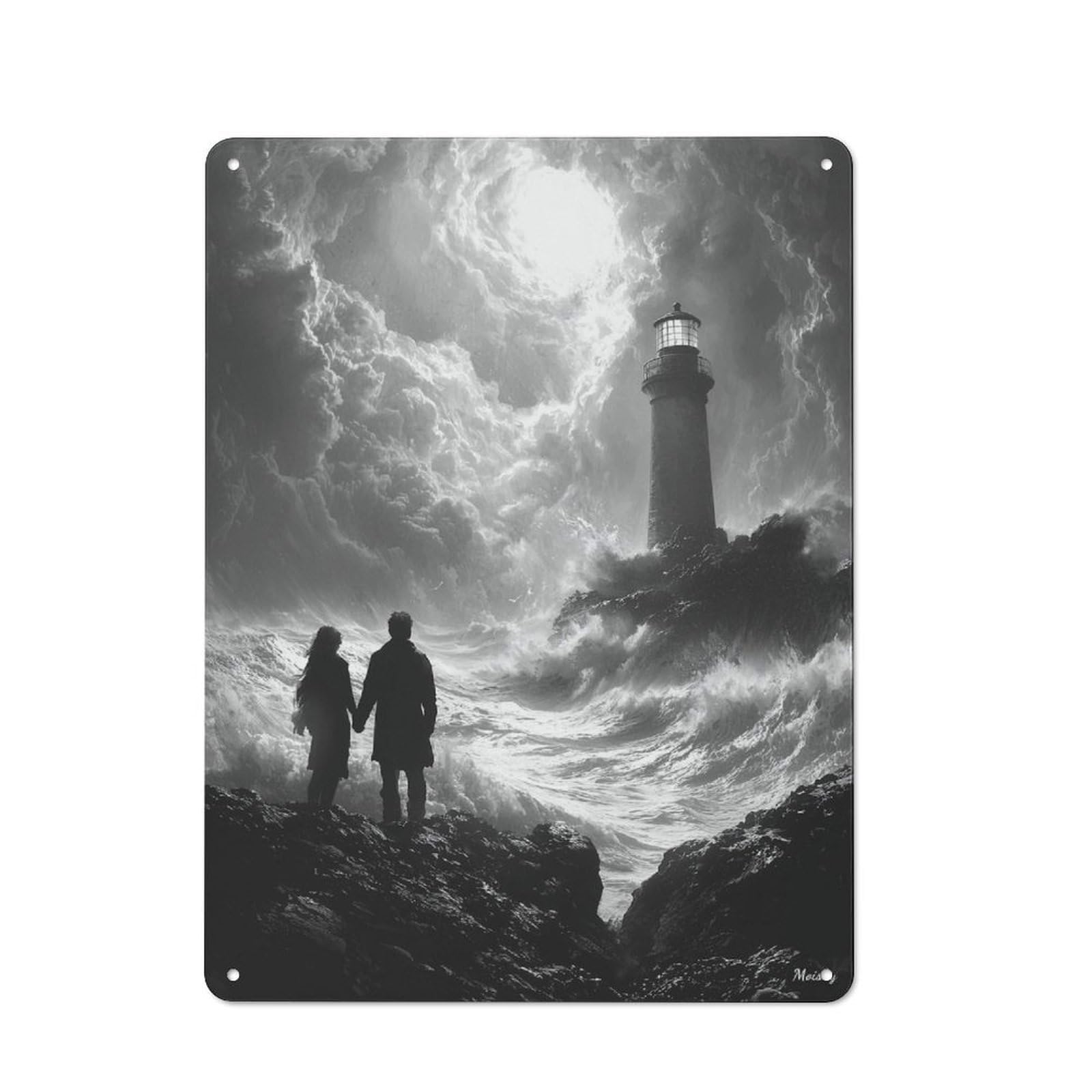 Junmoney Romantic Stormy Shore With Lighthouse - Charc Oal Art Shop Front Style Metal Wall Decor 40X30cm, Cafe Metal Sign For Takeaway, Bar, Kitchen Or Counter Area