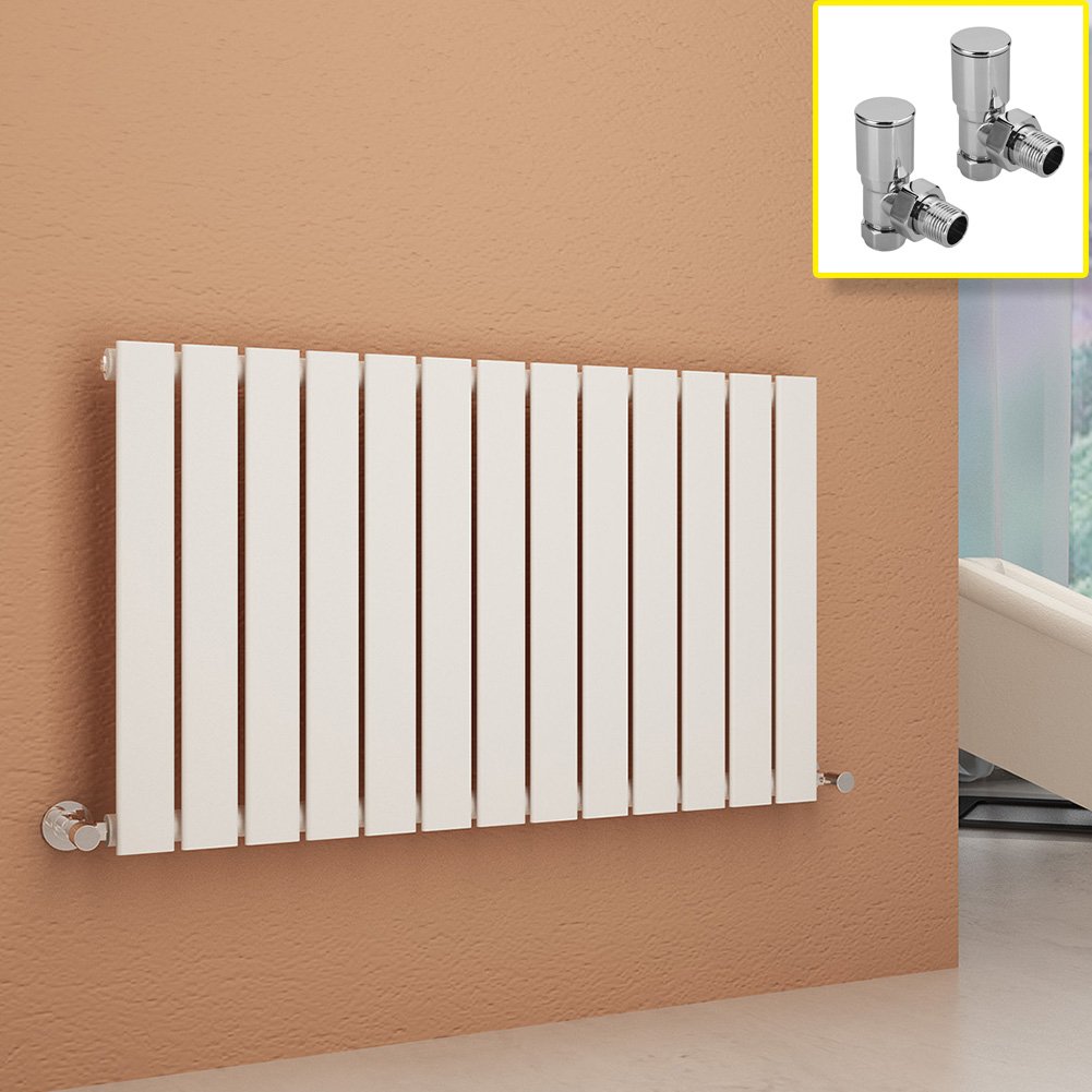 600 x 988 mm White Column Radiator Horizontal Single Flat Panel Designer Radiator with Angled Radiator Valves