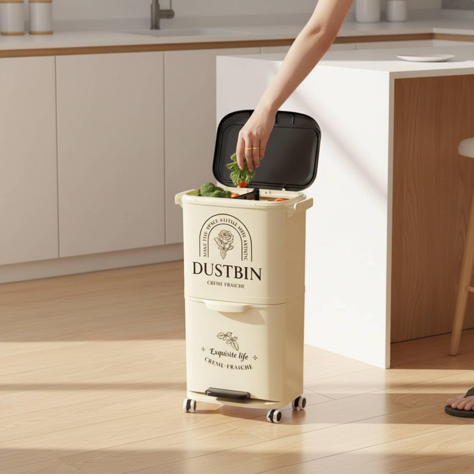 Cubo Basura con Pedal Estrecho Cubo Basura Doble Compartimento Morno Contenedor para Cocina, Negro Misterioso, Size to 1