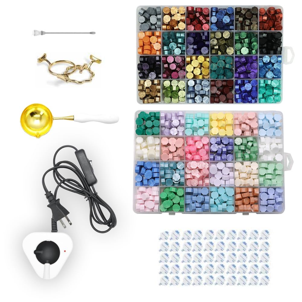 Electric Wax Seal Warmer with 1300Pcs Sealing Wax Beads, 50 Pcs Wax Seal Stickers and 2 Metal Wax Seal Molds, Fast Melting Wax Seal Warmer, Wax Seal