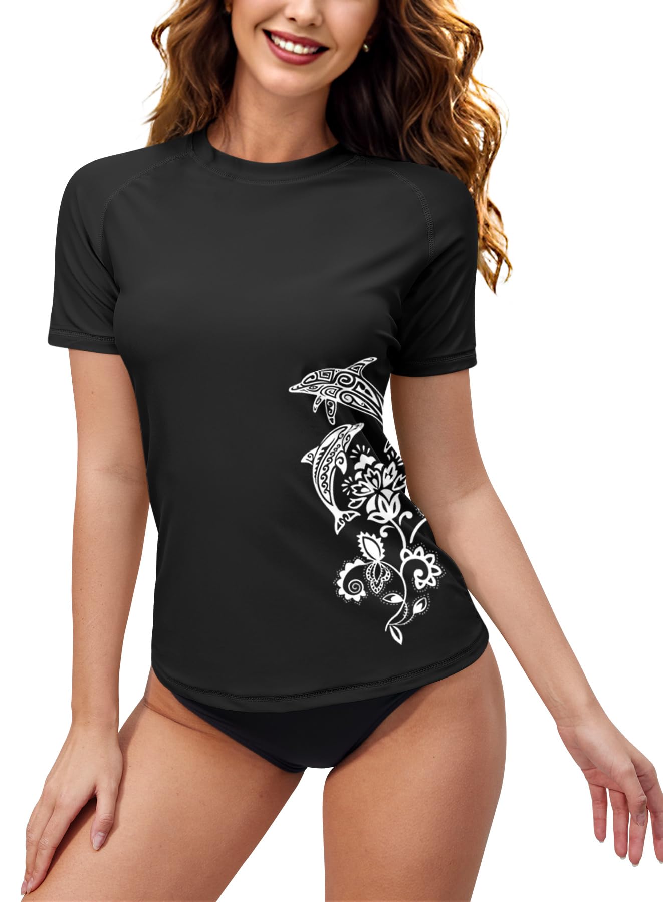 BesserBay Damen Kurzarm Rash Guard mit Schönen Mustern UV Shirt Tankini UPF 50+ S-XXL
