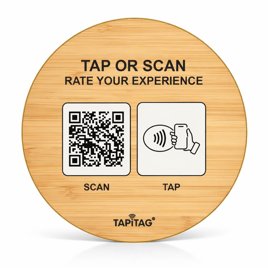 TAPiTAG Smart Business Hub – Tap or Scan to Access Your Business Info (Reviews, Menu, Socials, Bookings & More) – Contactless Display Sign with NFC, QR & Customisable Profile (Bamboo, Wood, 120mm)