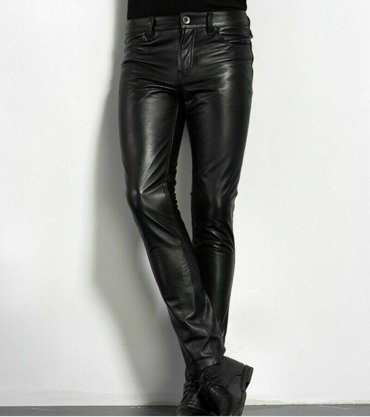 Pantalones De Cuero Ajustados para Hombre Elásticos De Piel Sintética Lápiz De Aspecto Húmedo Pierna Recta para Motocicleta Motociclista Baile Discoteca