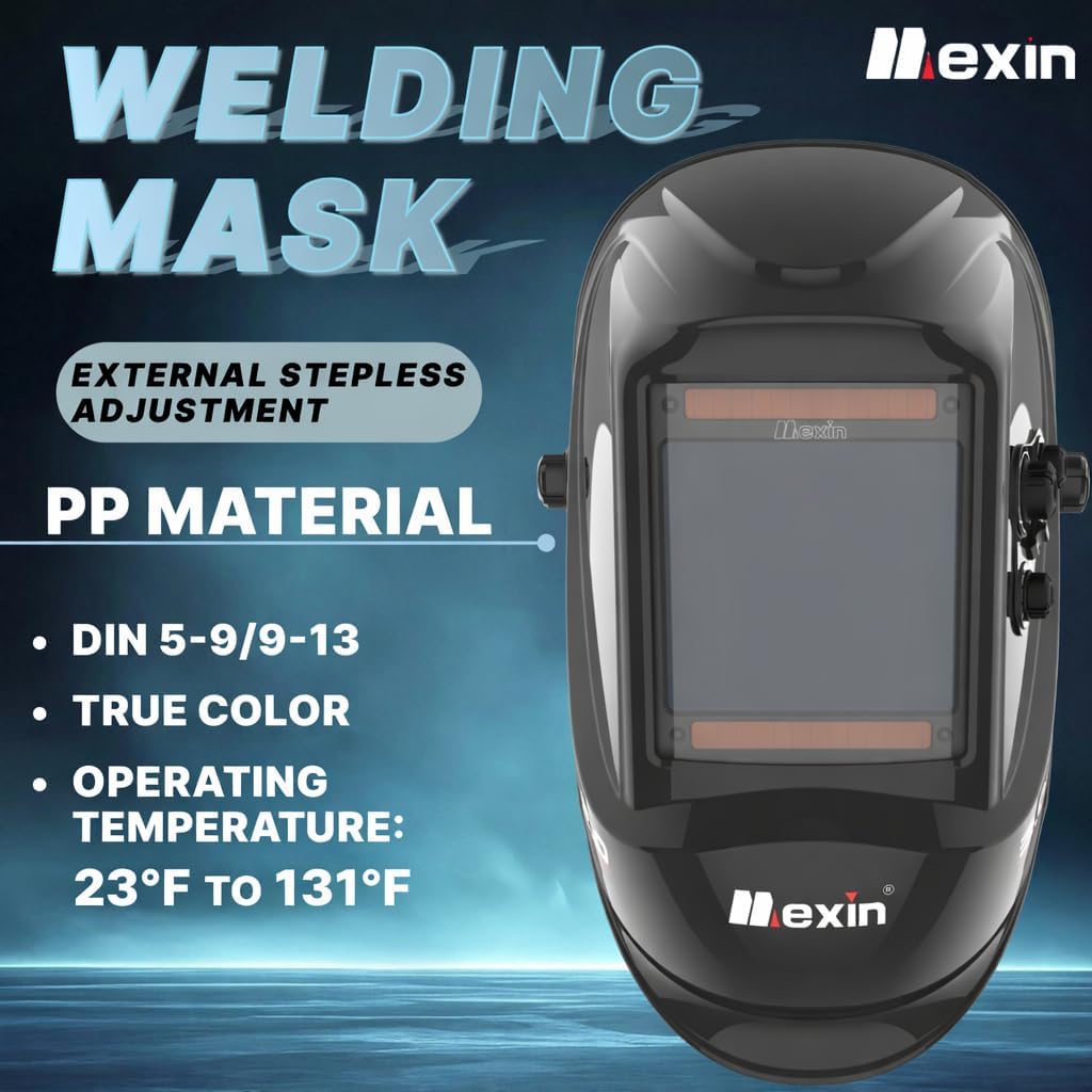 Mexin Auto Darkening Welding Helmet, True Color Welding Mask with 4 Arc Sensors, 1/1/1/1 Optical Clarity, DIN 5–9/9–13 Shade Range, Solar Powered Welding Hood for MIG TIG ARC Grinding