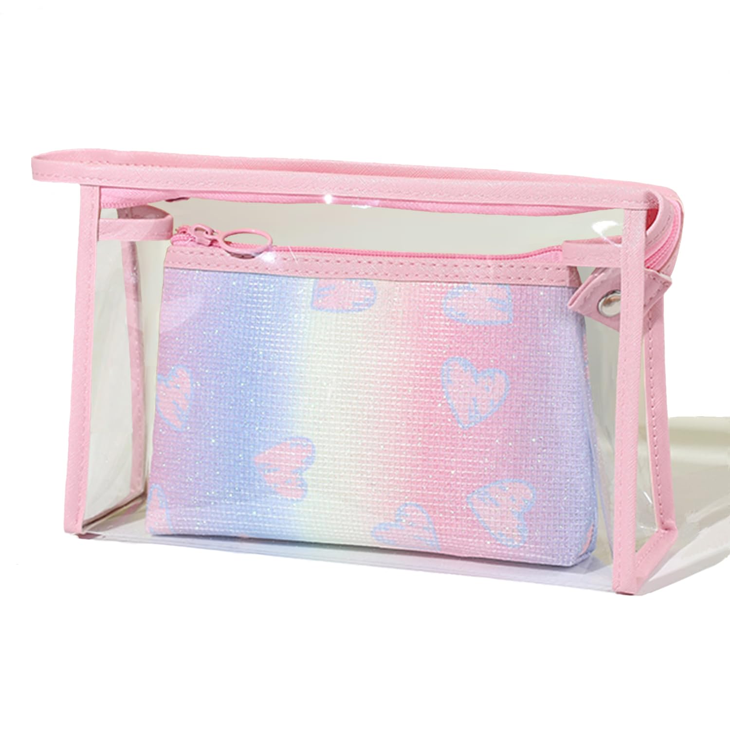 KKNE Neceser Viaje - Bolso Transparente Mujer, Set de 2 en Rosa, Neceser Mujer, Estuche Impermeable con Cierre de Cremallera, Kit Organizador de Belleza para Vacaciones y Uso Diario