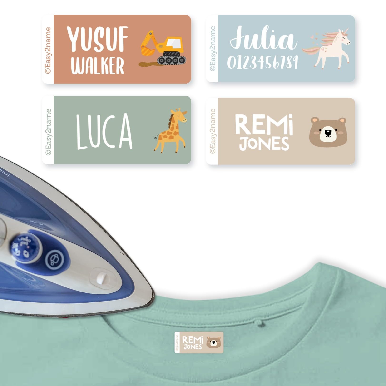 EASY2NAME Personalised Iron-On Name Labels with Themed Icons โ Durable, Washable & Dryer-Safe. Ideal for School Uniforms & Clothing. 2.65x1.2cm Name Tags for Kids & Adults. (Earth)