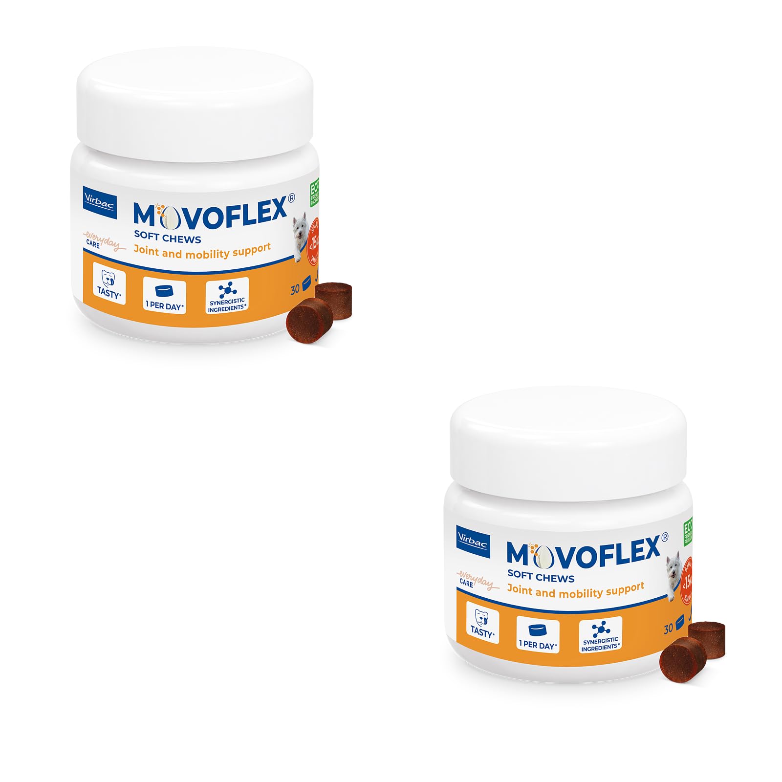 Virbac Movoflex Soft Chews | Paquete Doble | 2 x 30 Unidades | para Perros de Menos de 15 kg | Alimento complementario para apoyar la Salud Articular | para Mantener Las estructuras articulares