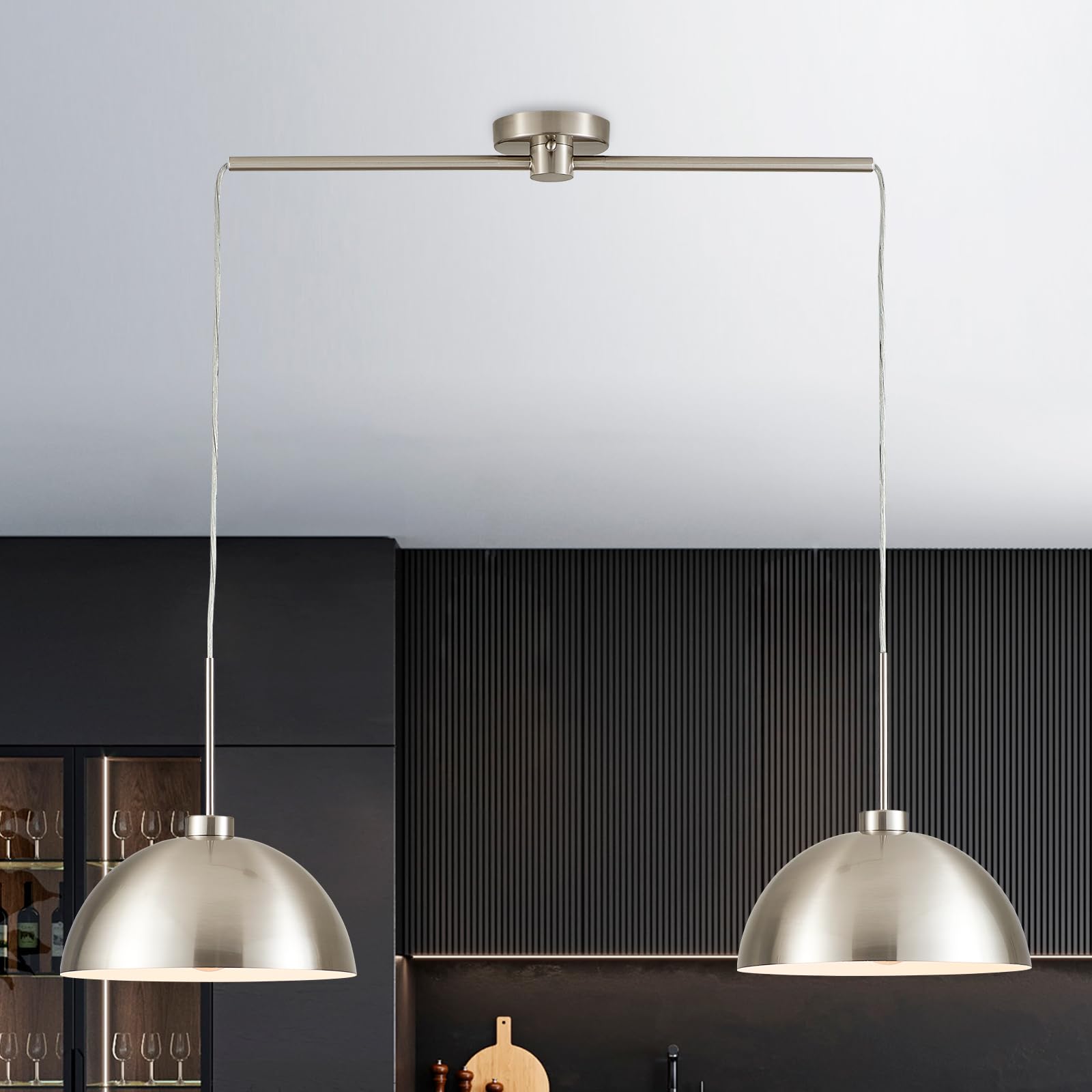 ELYCCUPA 39” Modern Chandelier Dome 2-Lights Satin Nickel Pendant Light Adjustable Industrial Pendant Lighting Fixtures for Kitchen Island Dining