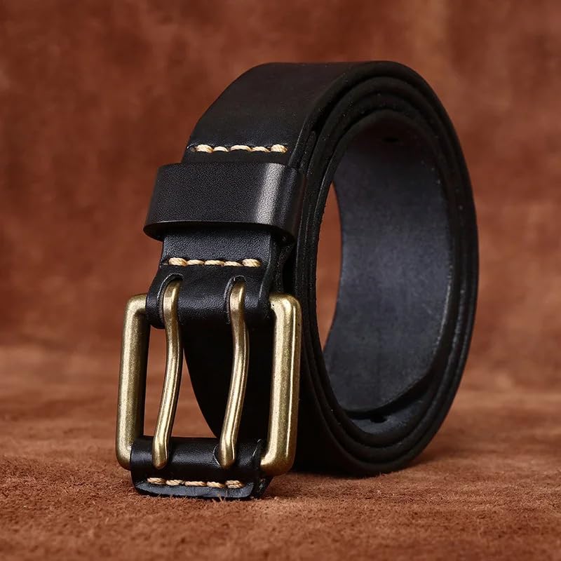 Pulcykp Men's and Women's Thick Leather Double Needle Buckle Belt3