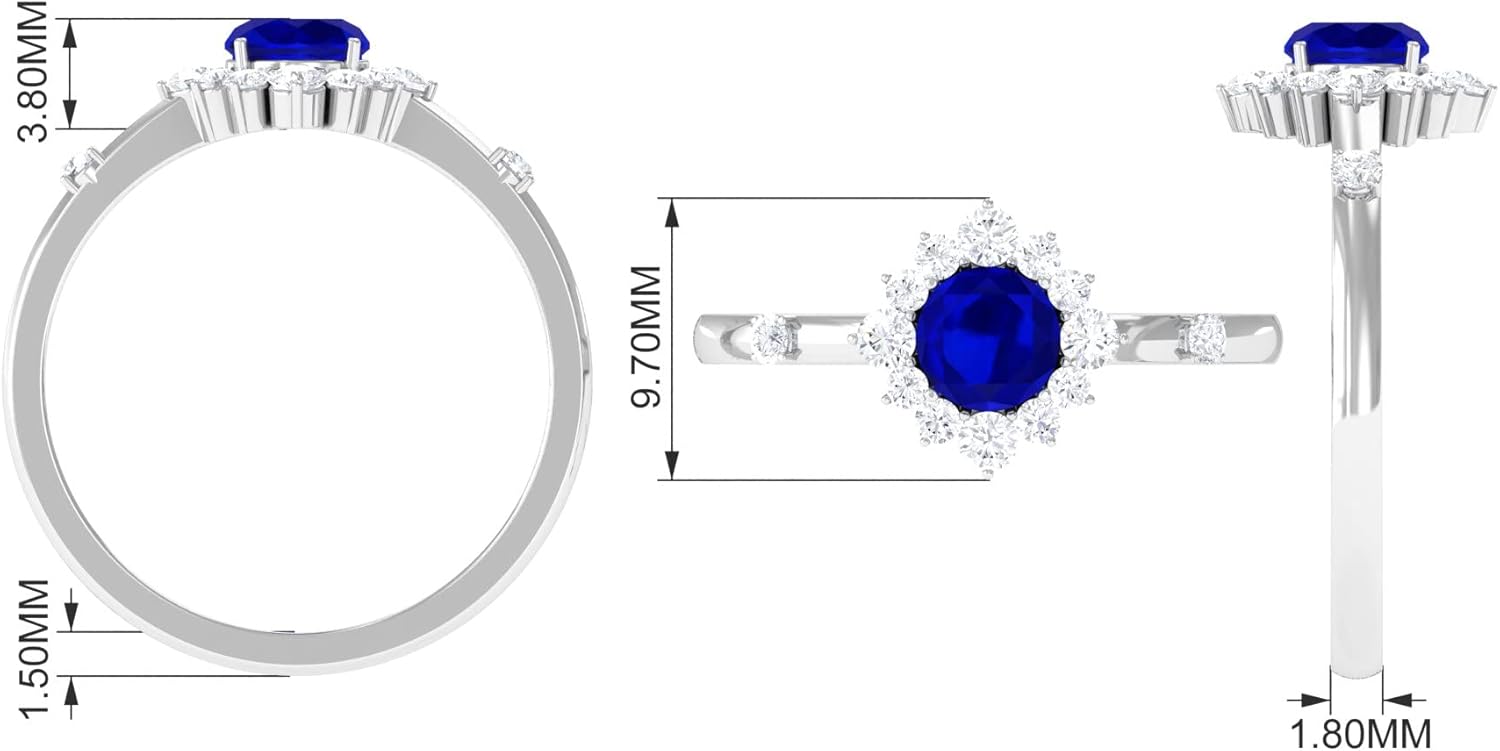 Natural Blue Sapphire Diamond Halo Engagement Ring, AAA Quality, 5mm Round Sapphire Ring For Women - With Jewelry Box