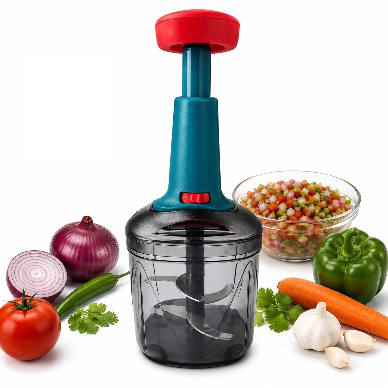 1100 ML Hand Push Vegetable Chopper with 5 Sharp Blades | Manual Food Chopper for Onion, Tomato, Garlic, Fruits & Vegetables | Easy Pull Chopper for Kitchen | Unbreakable Bowl | Multicolor-image-33