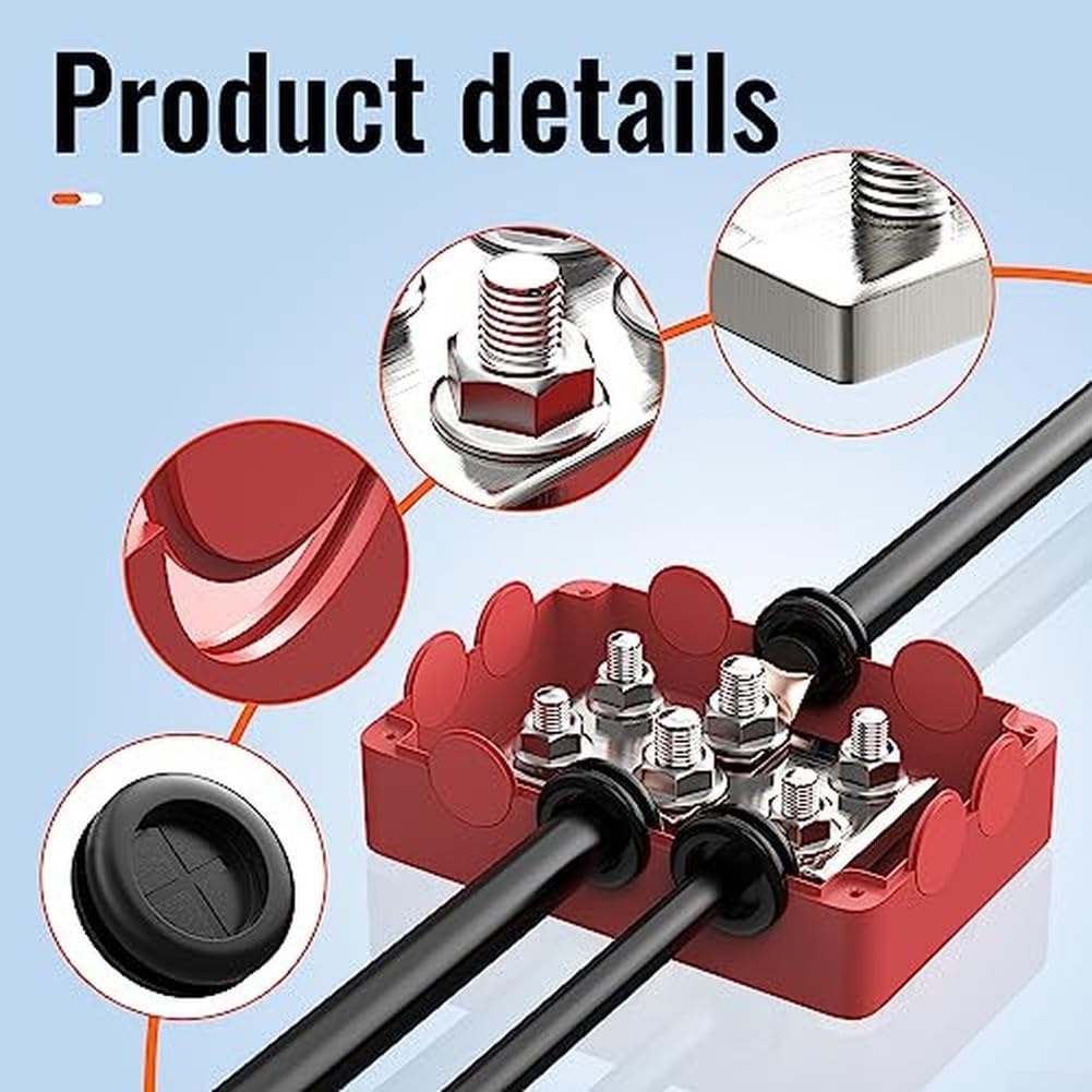 500A Distributore di corrente impermeabile in rame Busbar per auto Marine RV - Blocco di distribuzione 48V DC con per porte m10 M8 sicuro 135x107mm (nero)