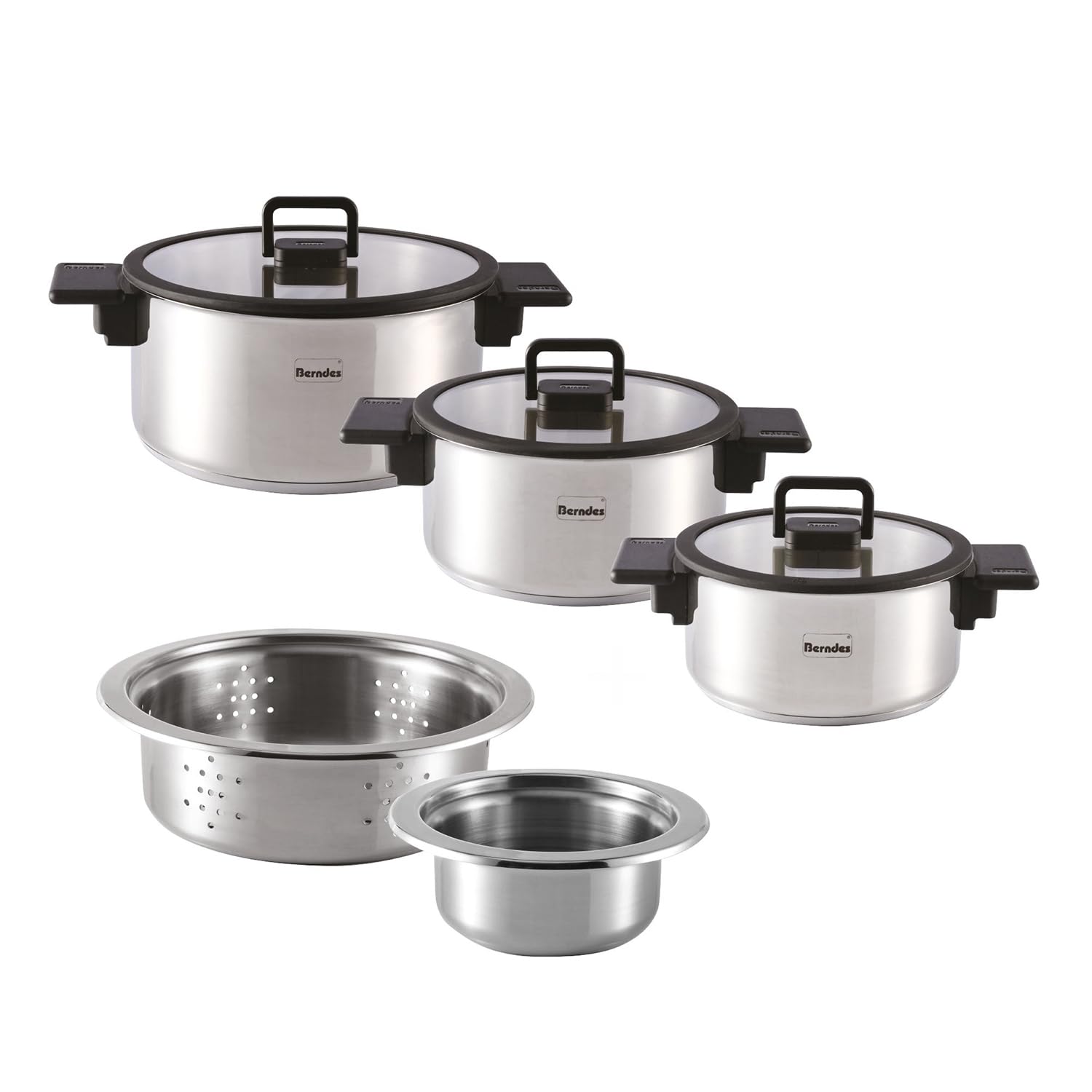 Berndes stapelbares Edelstahl-Topfset 8-teilig Raumwunder l geringer Stauraum l 3x Kochtopf mit Deckel, 1x Dünsteinsatz, 1x Wasserbad oder Rührschüssel l platzsparend l Induktion