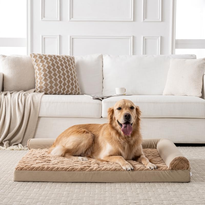 Orthopedic Dog Bed, L-Shaped Brown Plush Sofa with Bolster, Memory Foam Pet Bed, Machine Washable Cover, for Small Dog Sizes 35" L x 25" W x 6.5" H