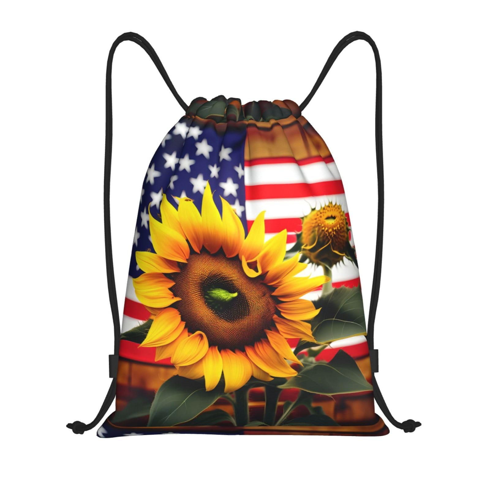 yomeeaaaa Sunflower And American Flag Print Drawstring Bags Backpack Bag Sport Gym Sack Drawstring Bag Shopping String Bag