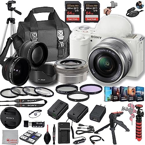 Sony ZV-E10 Mirrorless Camera with 16-50mm Lens, 128GB ExtreemSpeed Memory,Microphone, 120LED Video Light, Tripod, Filters, Spare Battery & Charger, Editing Software Kit -Deluxe Bundle (White)