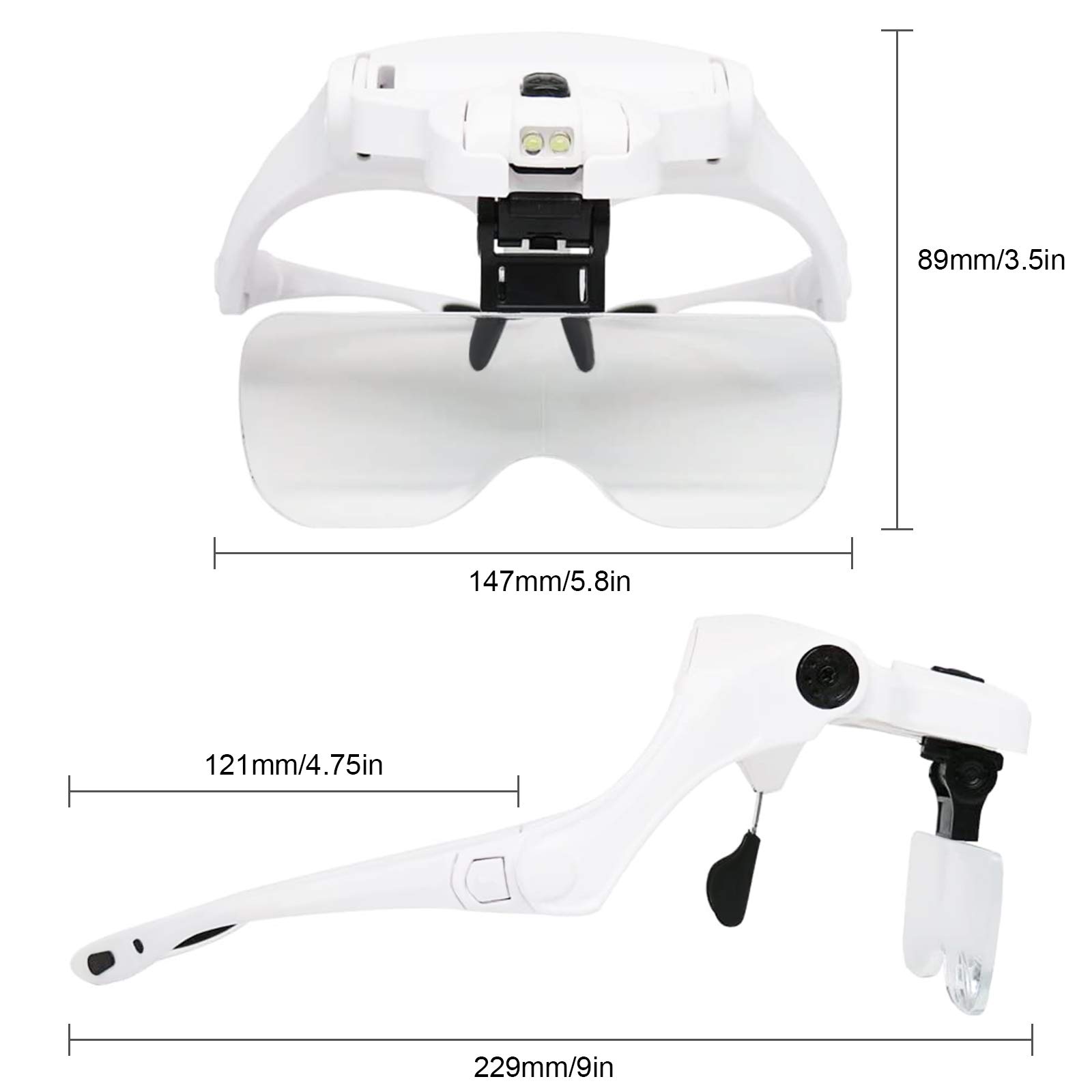 Lente Ingrandimento con Luce, Occhiali Ingrandimento Professionali per Modellismo,Riparazione Orologi,Dentista,Lavori di Miniatura - 5 Lenti Intercambiabili 1.0X, 1.5X, 2.0X, 2.5X, 3.5X
