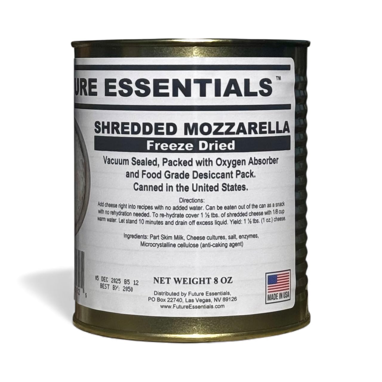 Future Essentials Freeze Dried Shredded Mozzarella Cheese – Real Dairy Mozzarella Cheese Shredded – Long Shelf Life Emergency Food – Easy to Use in Recipes & Made in the USA – 8 oz #2.5 Can