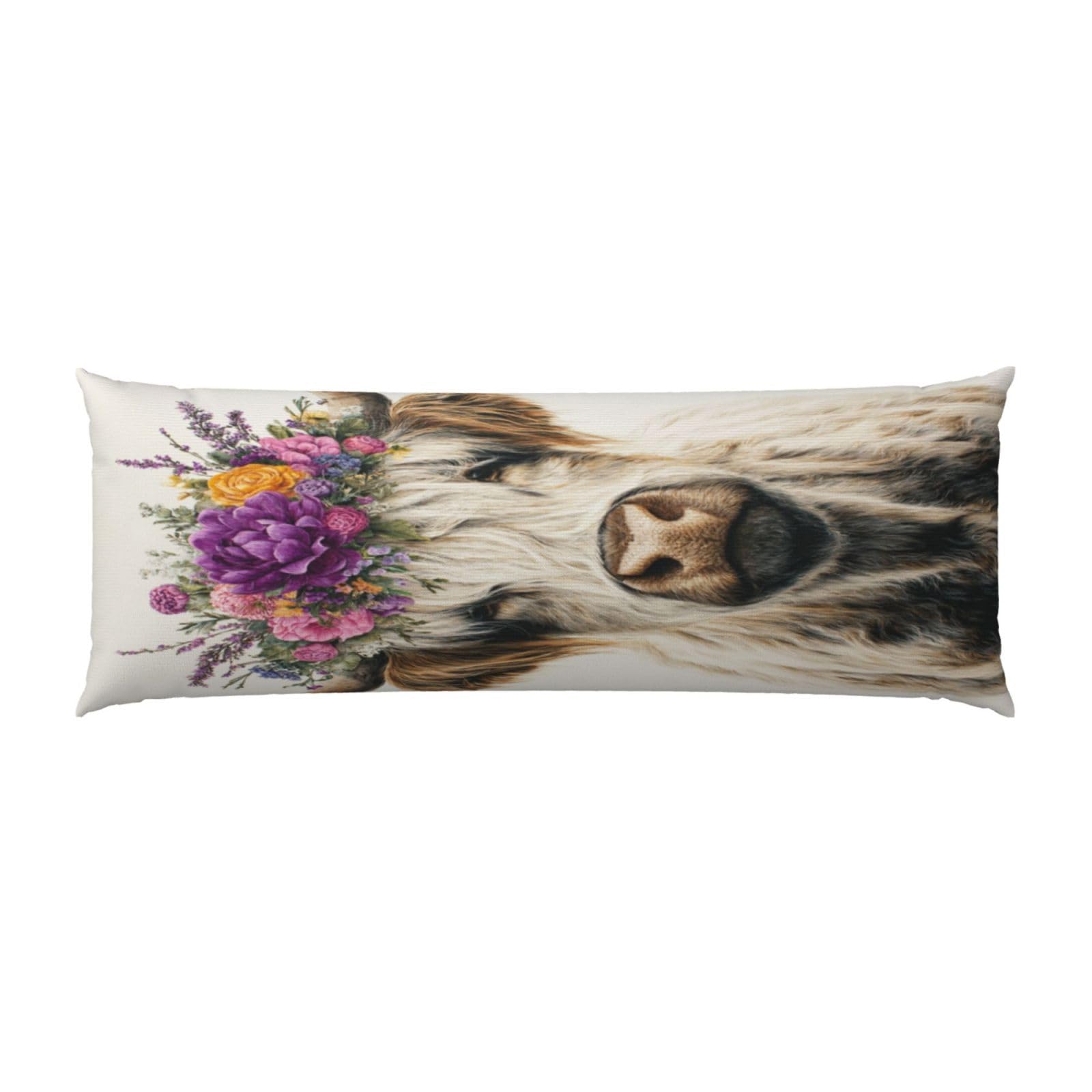 Highland Cow Wearing Purple Flower Crown Body Pillow Cover With Zipper Closure, Cozy Fuzzy Long Fleece Pillowcase Cover 20 X 54 Inches