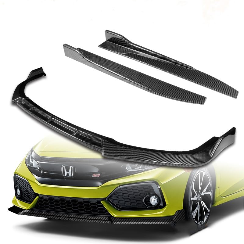 5pcs Combo Painted Carbon Front Bumper Body Kit Lip + Side Skirt Extensions Diffuser Compatible with 2017-2021 Honda Civic Si Coupe Sedan 2018 2019 2020