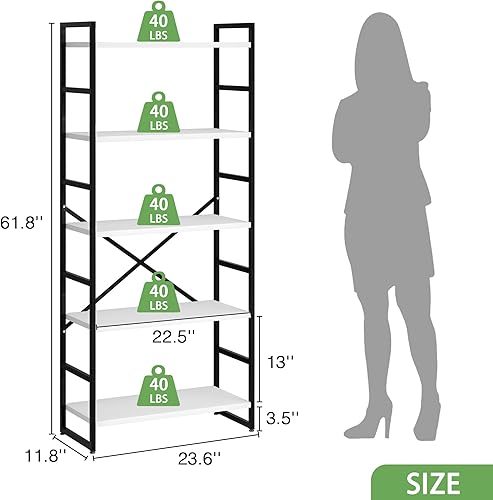 Miniatura 2 de Meilocar Estantería alta de madera de 5 niveles con marco de metal, estante moderno para libros, organizador de libros independiente, estantes de
