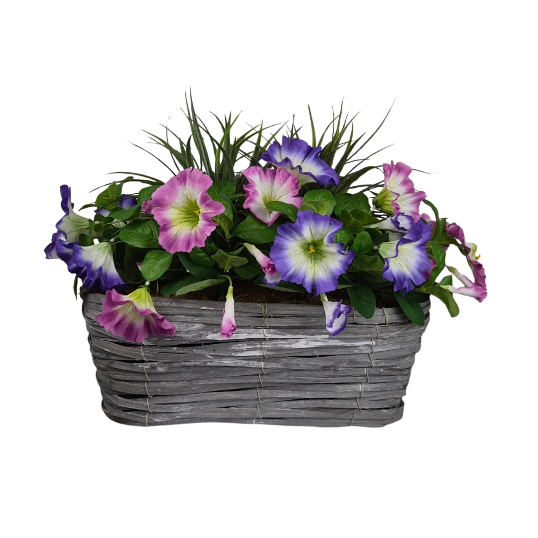Greenbrokers Pink And Purple Artificial Pink & Purple Petunia Flowers & Lemon Grass In Rounded 40Cm Rectangle Grey Wash Willow Basket - Faux Silk - Uv Protected