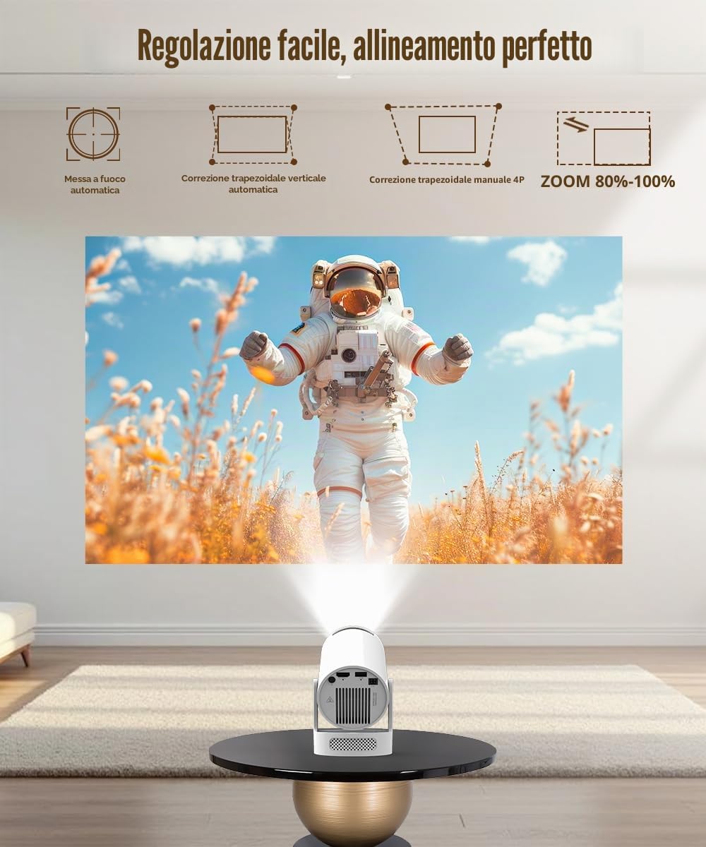 2026 HY300Pro+ Mini Proiettore 4K con Wi-Fi 6 e Bluetooth 5.4, Altoparlante Soundbase da 5W, Correzione Trapezio Verticale Automatica, Rotazione a 180°, Proiettore Portatile per Casa e Esterno