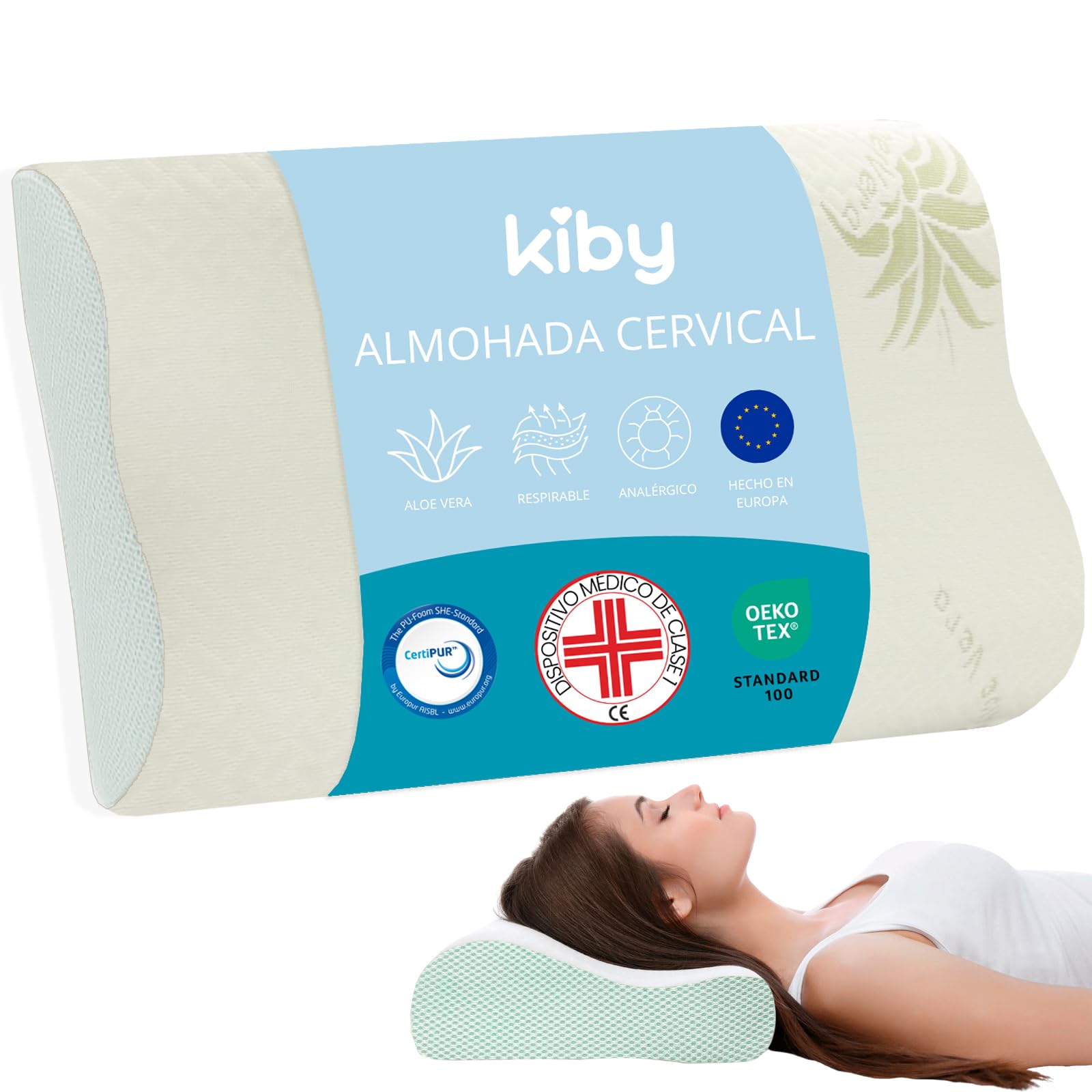 Kiby® Almohada cervical de espuma viscoelástica (certificado OEKO-TEX®), ortopédica, con aloe vera, doble onda, ergonómica, transpirable, antirronquidos, hipoalergénica y lavable