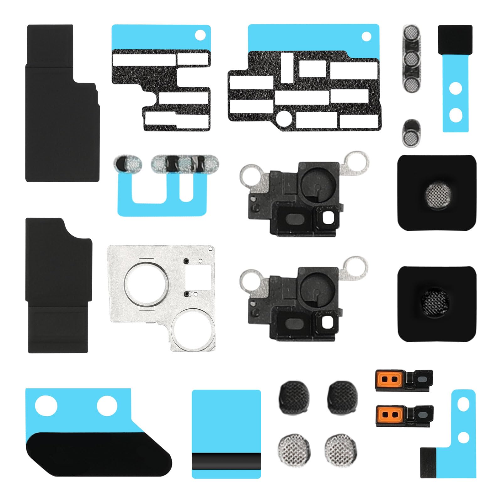 16 Pcs Complete Replacement Set for iPhone 13 Mini Mic Bracket Camera Mesh Repair Parts for iPhone 13Mini Bottom Loudspeaker AntiDust Net with Motherboard Sticker Kits