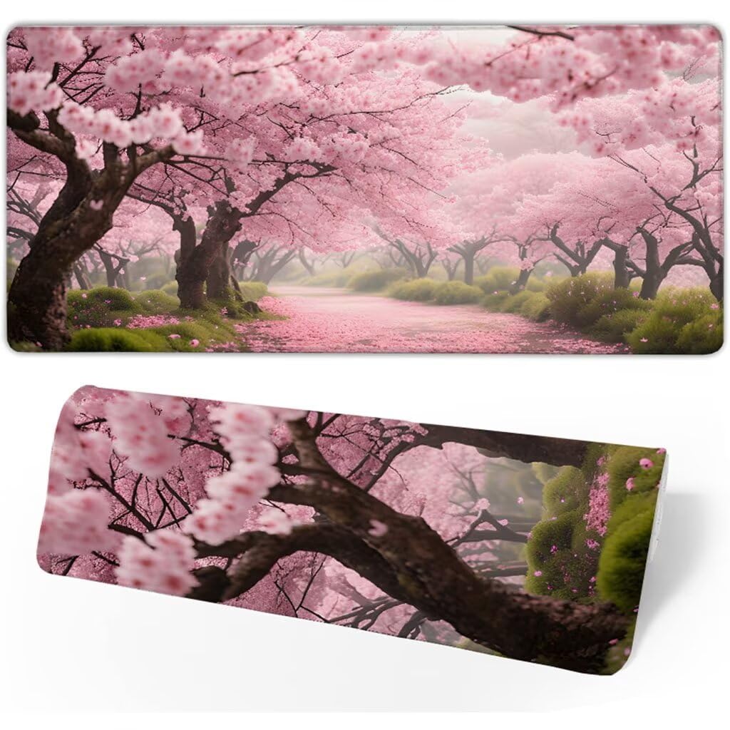 Różowa podkładka pod mysz Duża podkładka na biurko 1400 x 600 x 3 mm, wodoodporna podkładka pod mysz kwiaty wiśni podkładka pod mysz do gier z zszytymi krawędziami, podkładka pod mysz z antypoślizgową