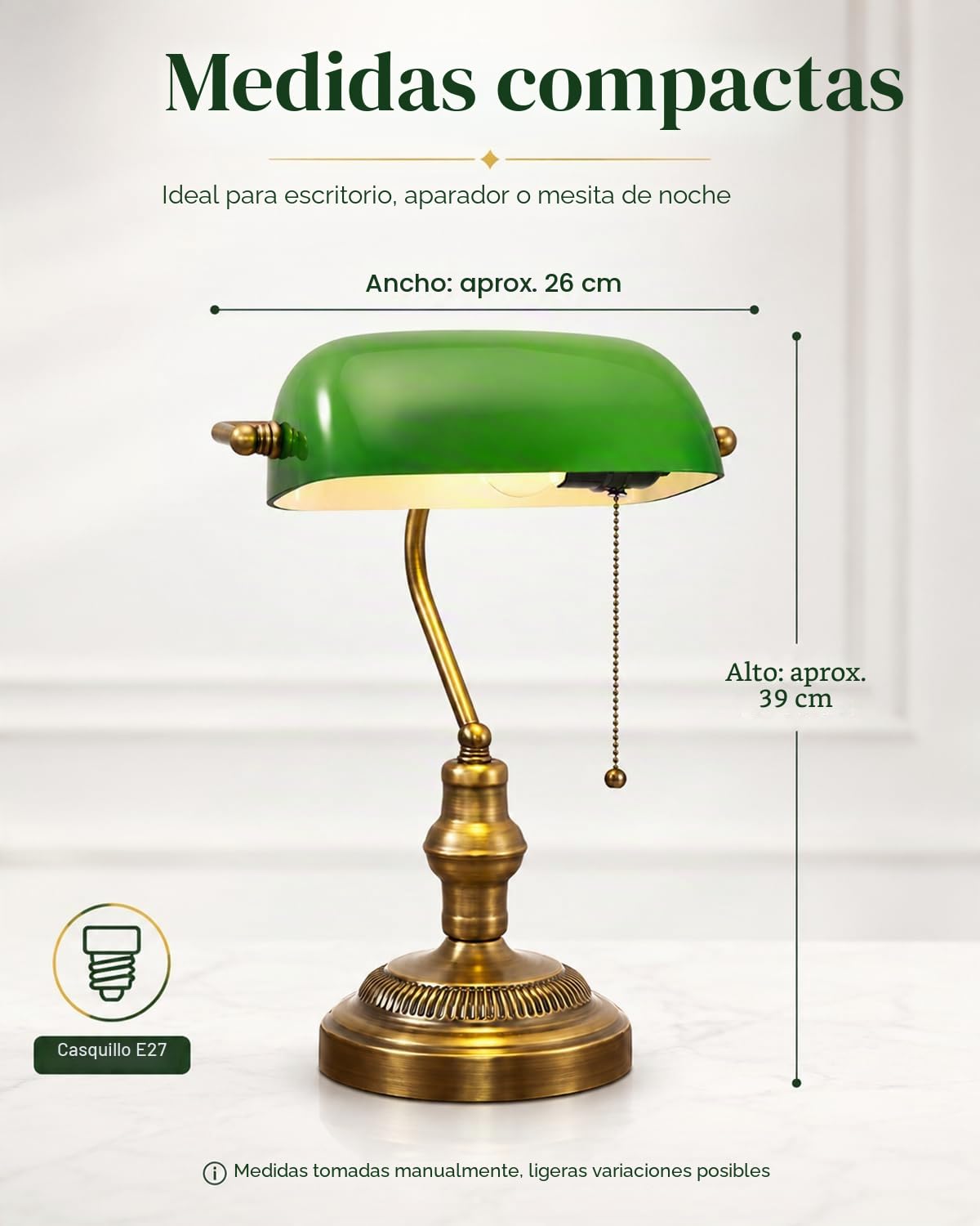 LANMOU Lámpara Banquero Verde, Cristal, E27 | Lámpara de Escritorio Vintage, Interruptor de Cadena, Efecto Latón, Banker's Lamp Para Mesa, Estudio, Rincón de Lectura