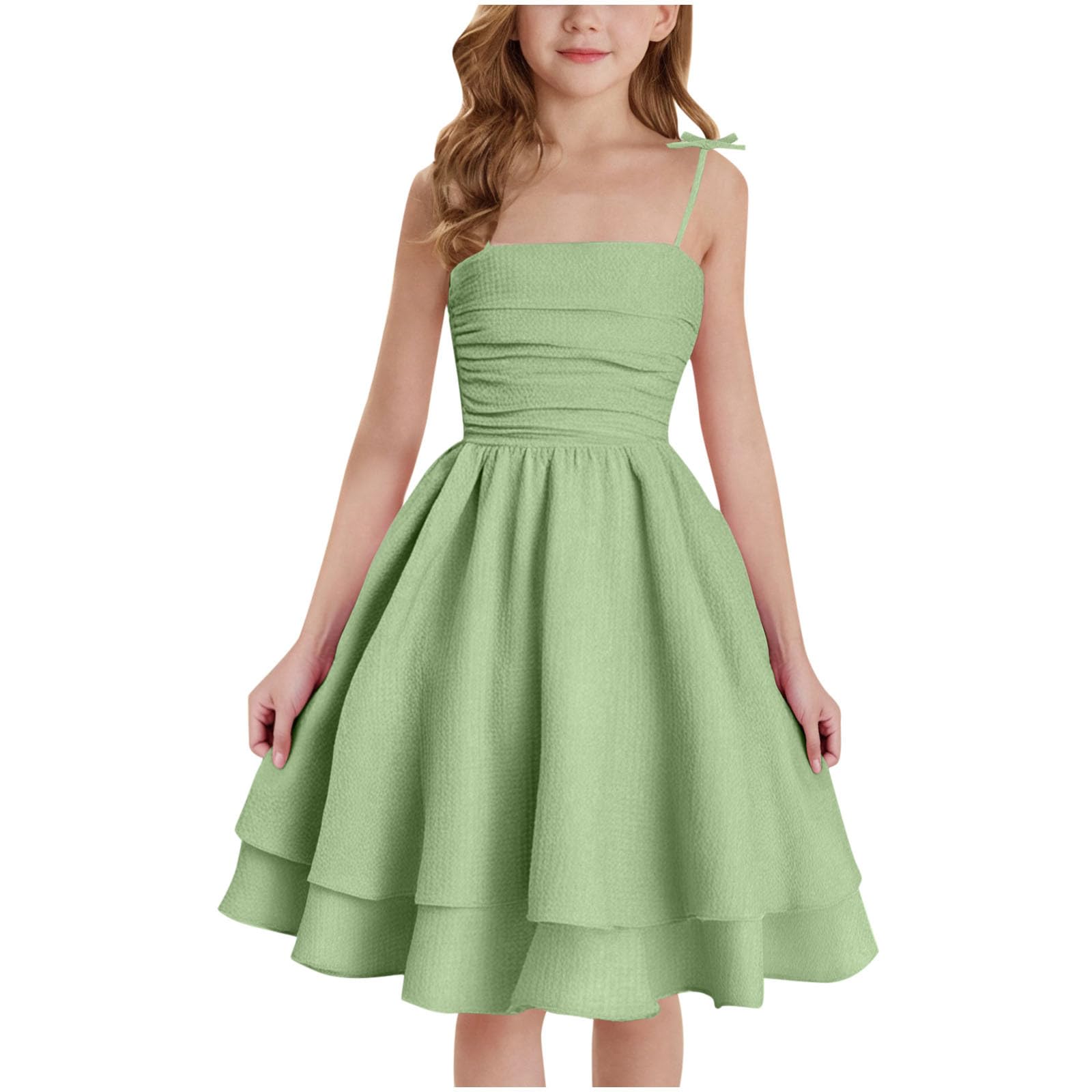 duxyoz Spring Summer Dresses for Girls UK Square Neck Off Shoulder Sundress Kids Smocked Tiered Layered Princess Party Dress Casual A-Line Cami Dresses Flower Girl Mini Dress 12-13 Years Green