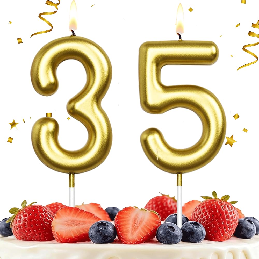 Hlwgfjdy Gold 35Th Birthday Candles Number 35 Cake Topper Happy Birthday Cake Decorations For 35Th Birthday Party, Candles For Birthday Anniversary Celebration Party Supplies（Large Size）
