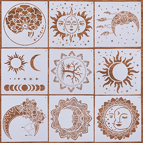 KRUCE 9-teilige Mandala-Sonnen- und Mond-Blumen-Stern-Schablone, wiederverwendbare Malvorlagen für DIY-Scrapbooks, Malen auf Holz, Wand, Heimdekoration Cover