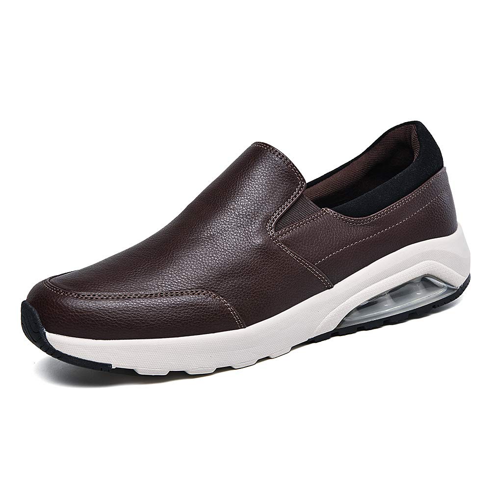 Puxowe Men's Slip On Loafers Air Cushion Walking Shoes PU Leather Work Sneakers Brown Size 10