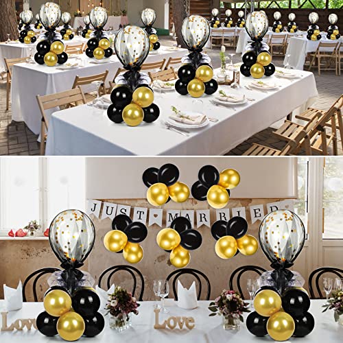 Image of BBTO 8 Set Gold Black Table Centerpieces Balloons Stand Kit, Latex Balloons and Table Stand Holder with Base Tulle for Wedding Birthday Grad Prom Centerpieces Party Back to School Baby Shower