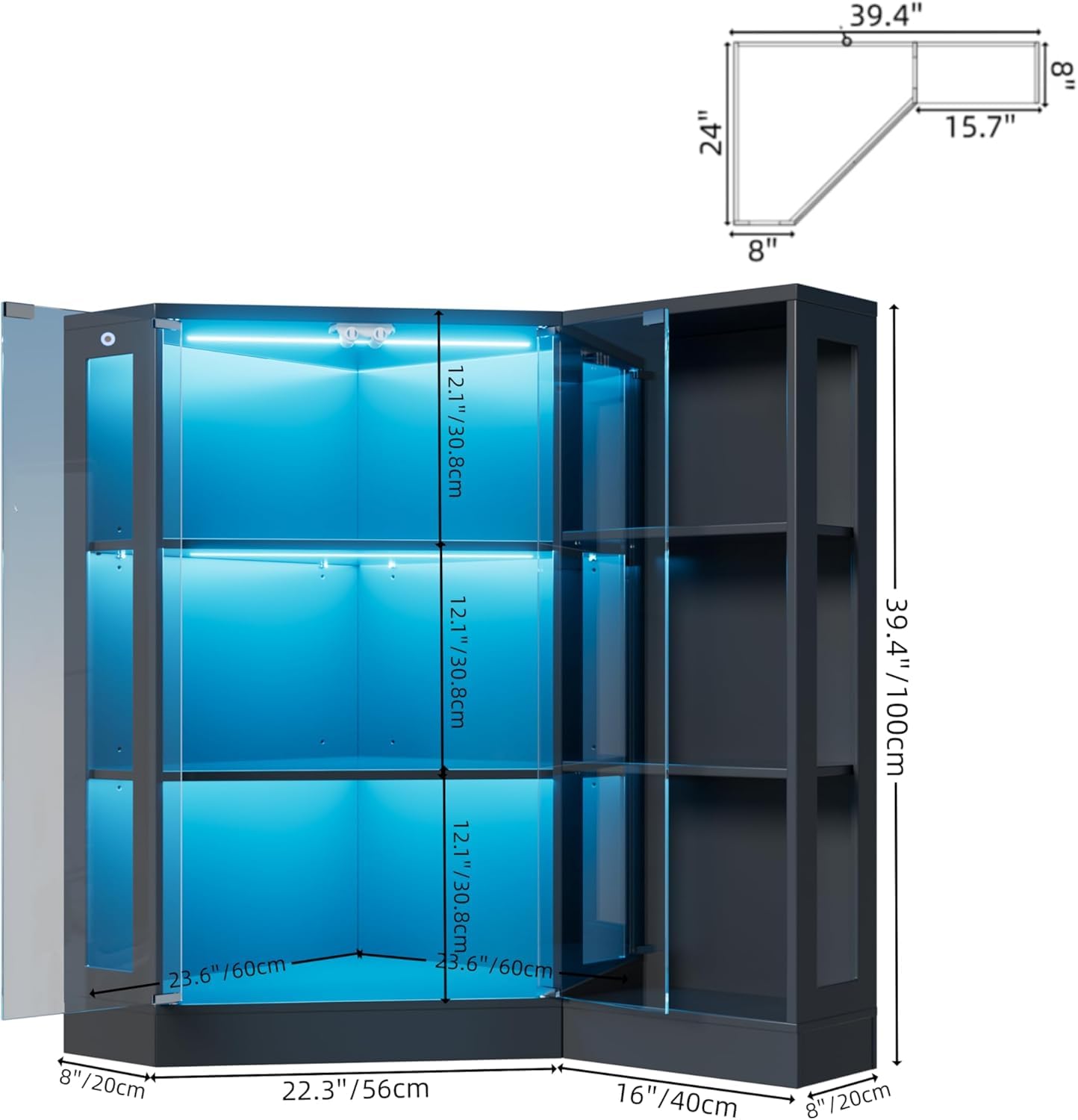 Vitrina de Cristal con LED,Vitrina Expositora Esquina para Colecciones de 3 Pisos,Puertas de Vidrio Templado Apertura por Presión,Estantes Ajustables,Para Sala, Oficina, Colecciones,100x116.5x60cm
