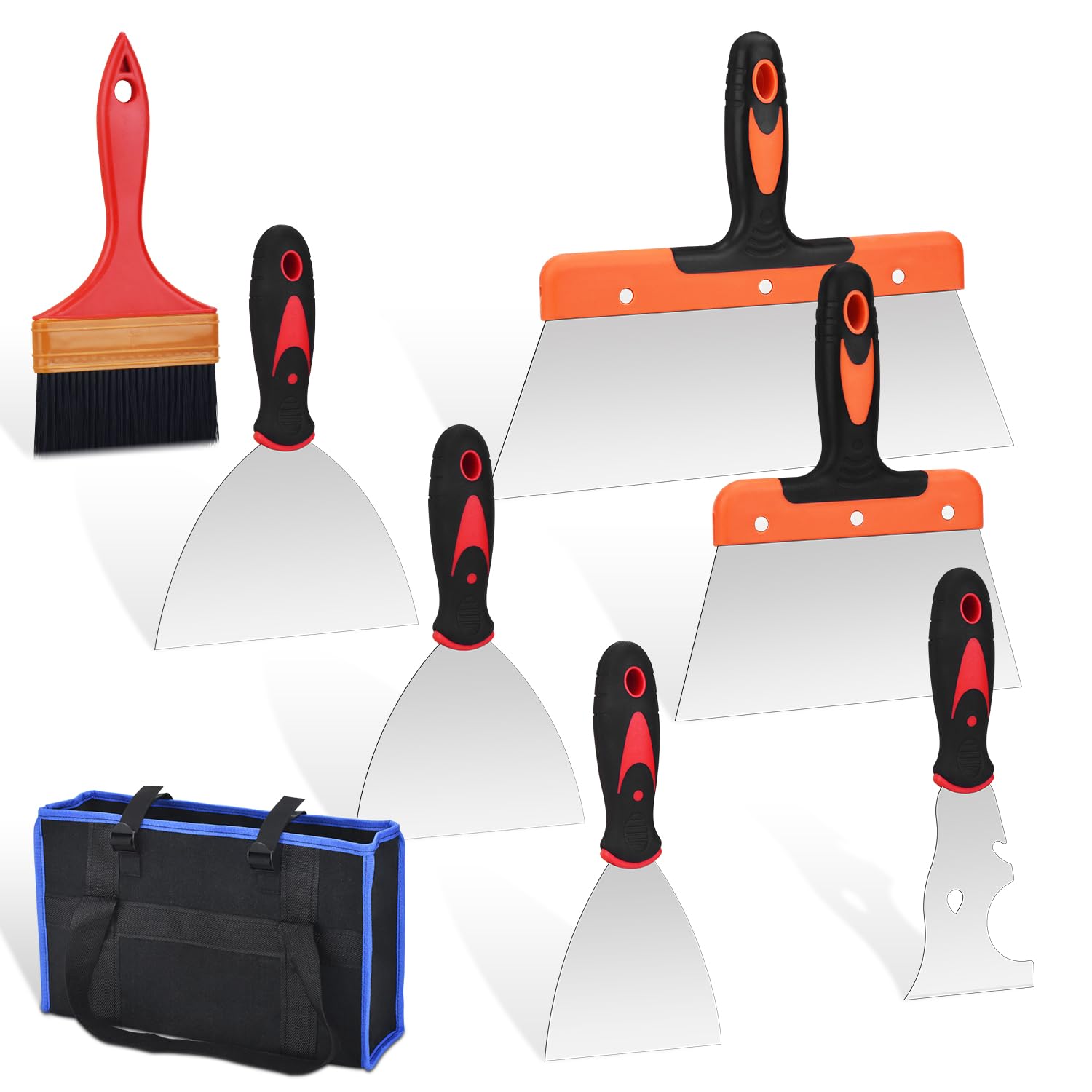 8 PCS Drywall Knife Set, Drywall Hand Tool Kit, Putty Knife in 6 Different Sizes, Brush and Organizer Bag, Spackle Tool Kit for Joint Taping,