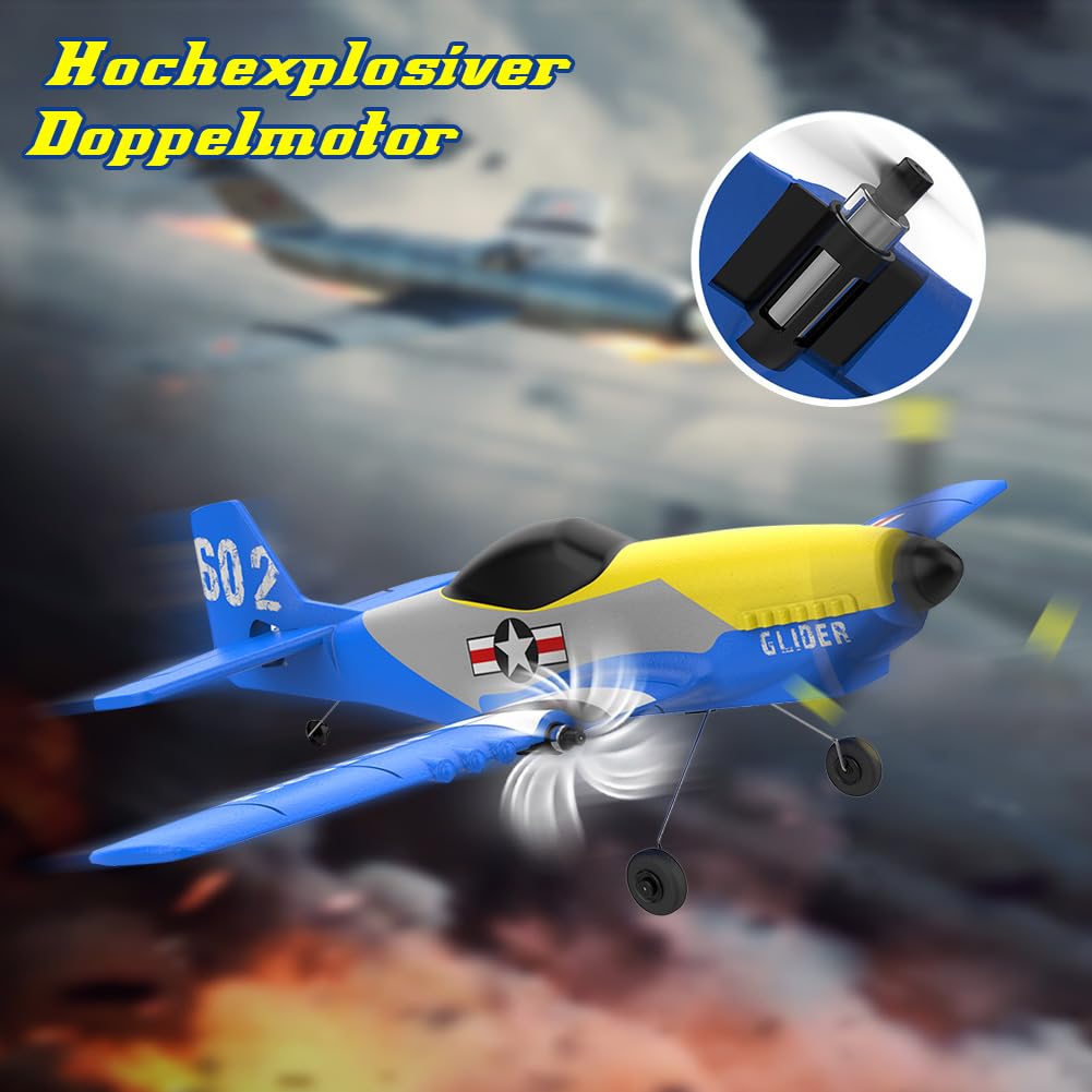 Fremego RC Flugzeug RTF,P51 3 Kanal Ferngesteuertes Flugzeug für Anfänger | 2,4GHz P-51D Mustang Kampf Flugzeugs mit 6-Achsen-Gyro-Stabilisator&2 Batterien für Erwachsene