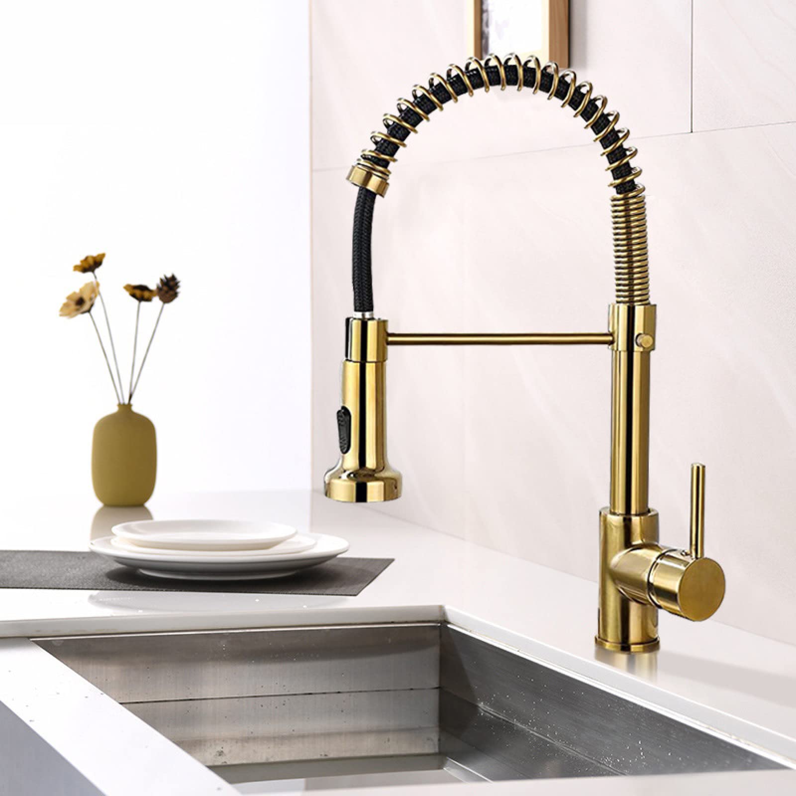 Fanjubei Golden Kitchen Pull-Out Rotating Hot And Cold Water Basin Faucet, Color