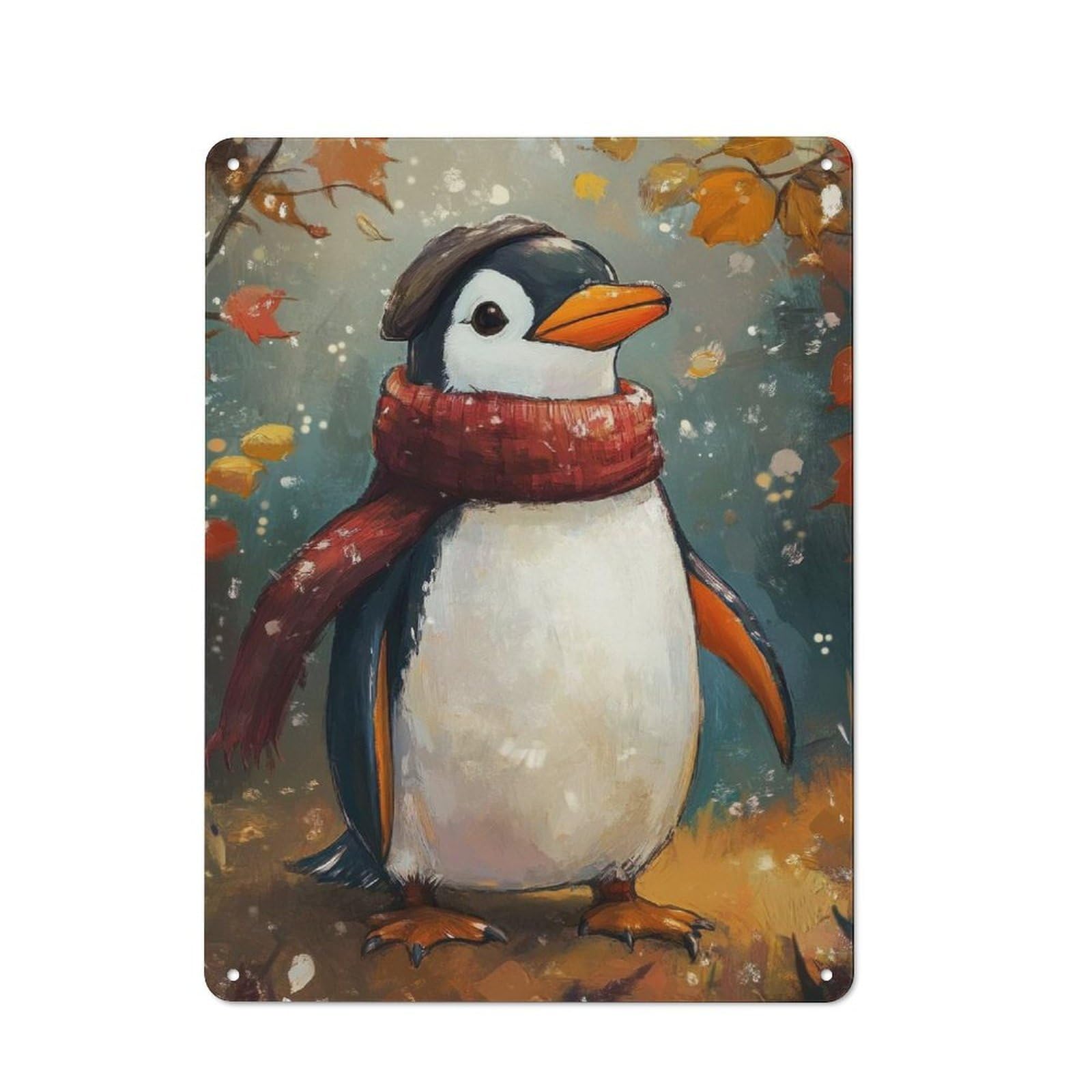 Junmoney Cozy Penguin In Autumn Tin Wall Plaque 40X30cm With For Home Office Or Studio, A New Home Present For Creative Workspace Decorators